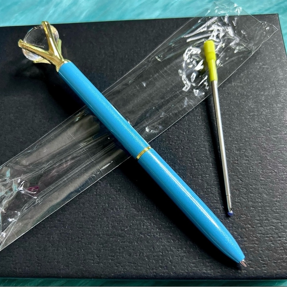 Diamond Top Metallic Blue Metal Ballpoint Pen + Black Ink Refill PinkRainCloud